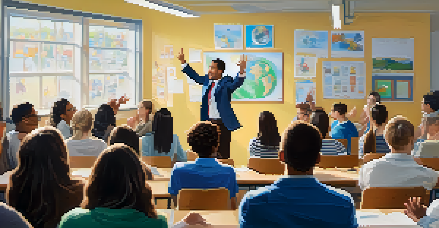 A presenter using hand gestures in a bright classroom while a diverse audience shows interest and engagement.