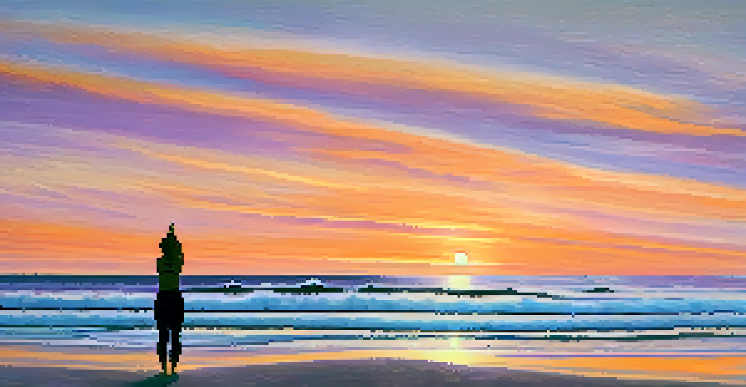 A tranquil beach at sunset with vibrant colors in the sky and a silhouette of a person practicing yoga.