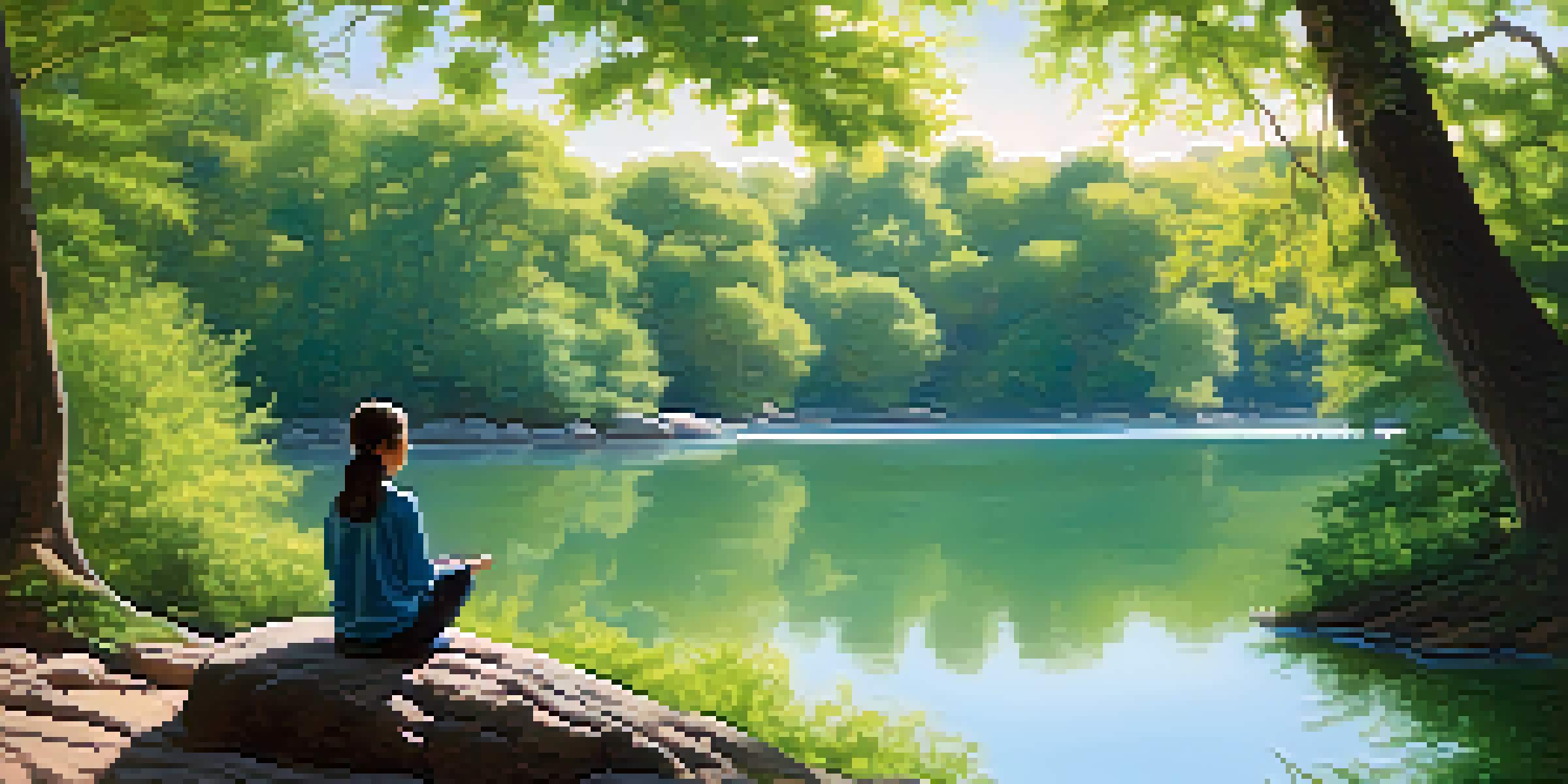 A peaceful person practicing mindfulness by a tranquil lake, surrounded by greenery and soft sunlight.