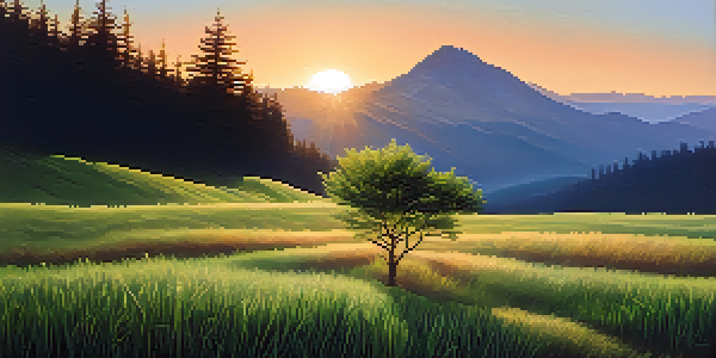 A sunrise over mountains with a small green sapling emerging from the soil, representing growth and resilience.