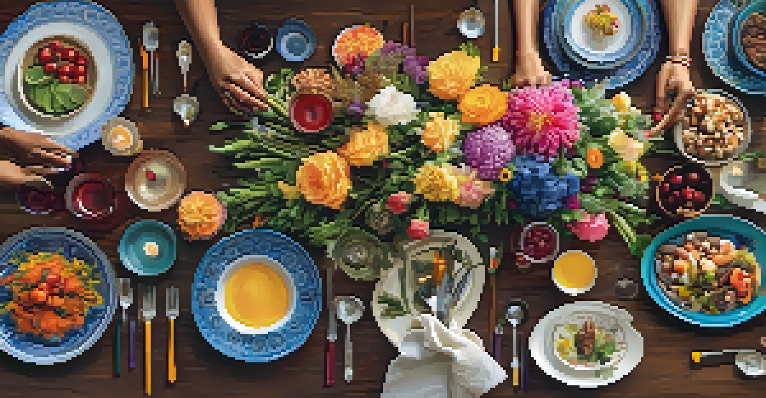 Close-up of diverse hands sharing a meal at a colorful table filled with international dishes, flowers, and candles in a warm atmosphere.