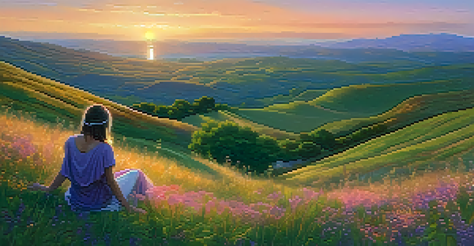 A person sitting on a grassy hillside surrounded by wildflowers, watching a sunset over a vast landscape.
