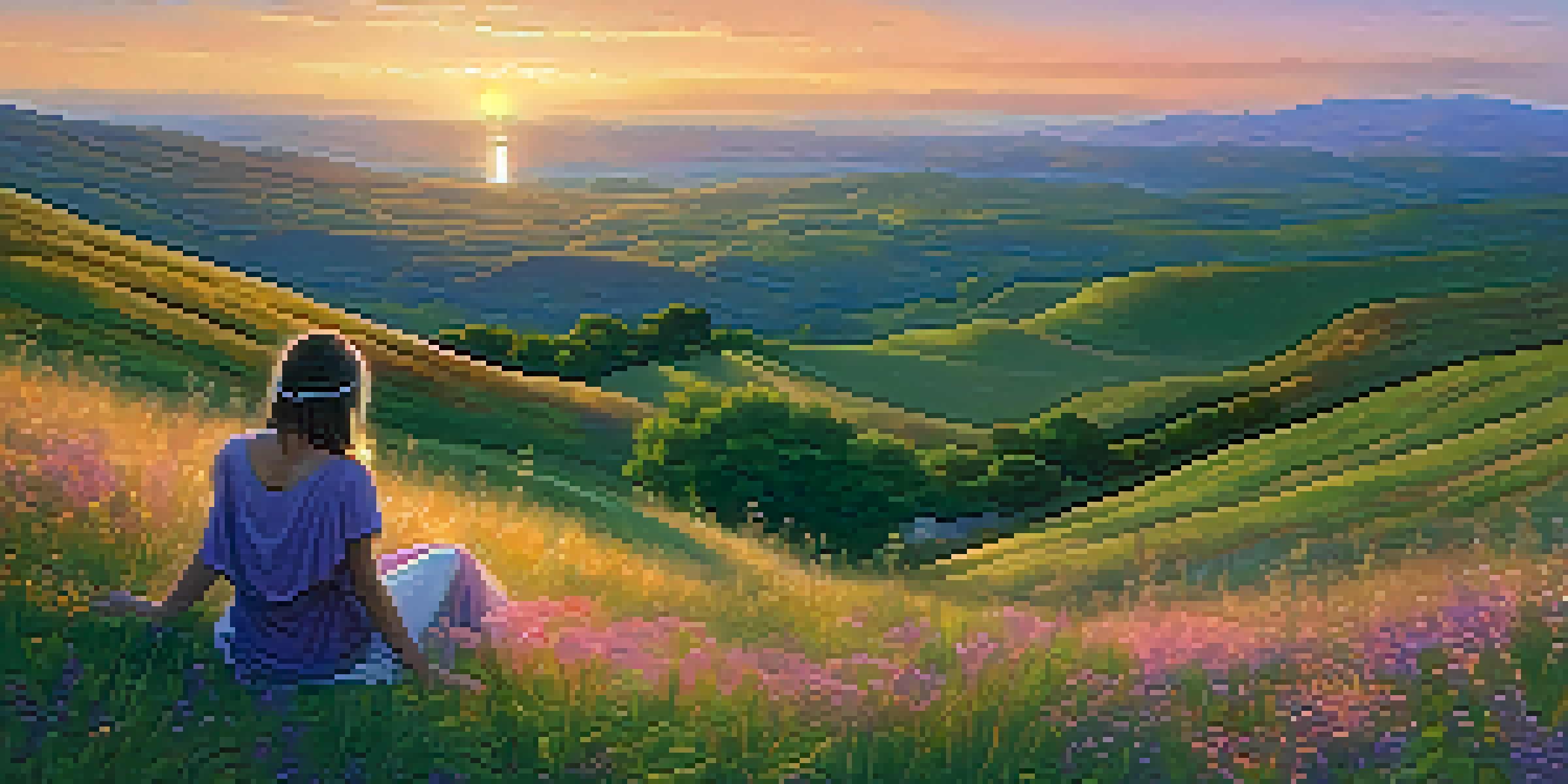 A person sitting on a grassy hillside surrounded by wildflowers, watching a sunset over a vast landscape.