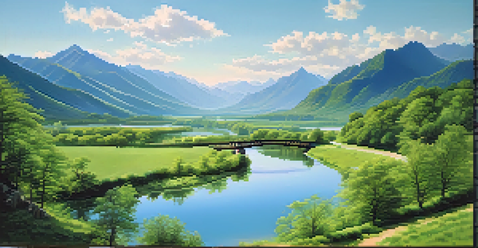 A scenic view of a winding river in a green valley with mountains, under a bright blue sky and sunlight reflecting on the water.
