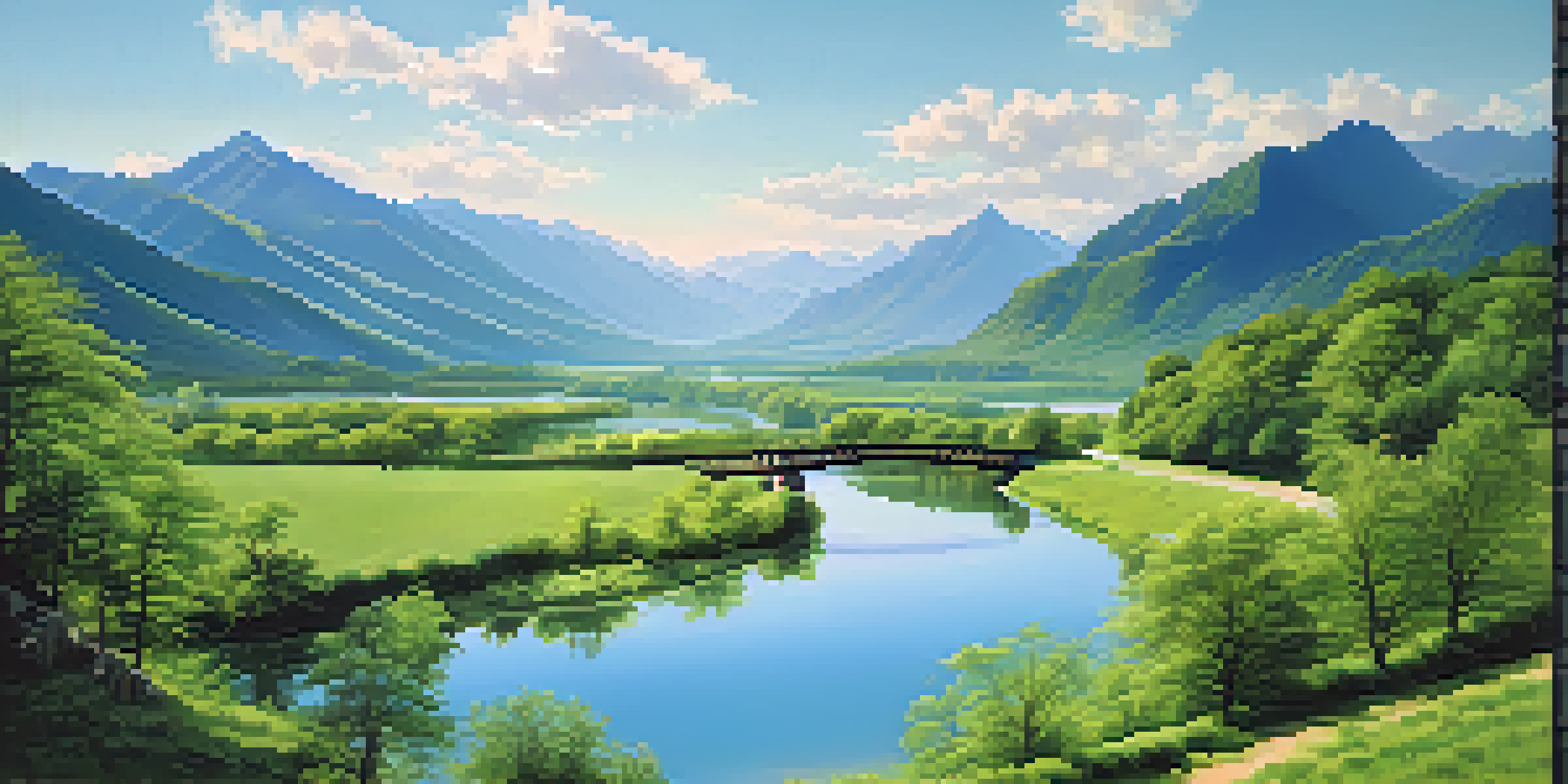 A scenic view of a winding river in a green valley with mountains, under a bright blue sky and sunlight reflecting on the water.
