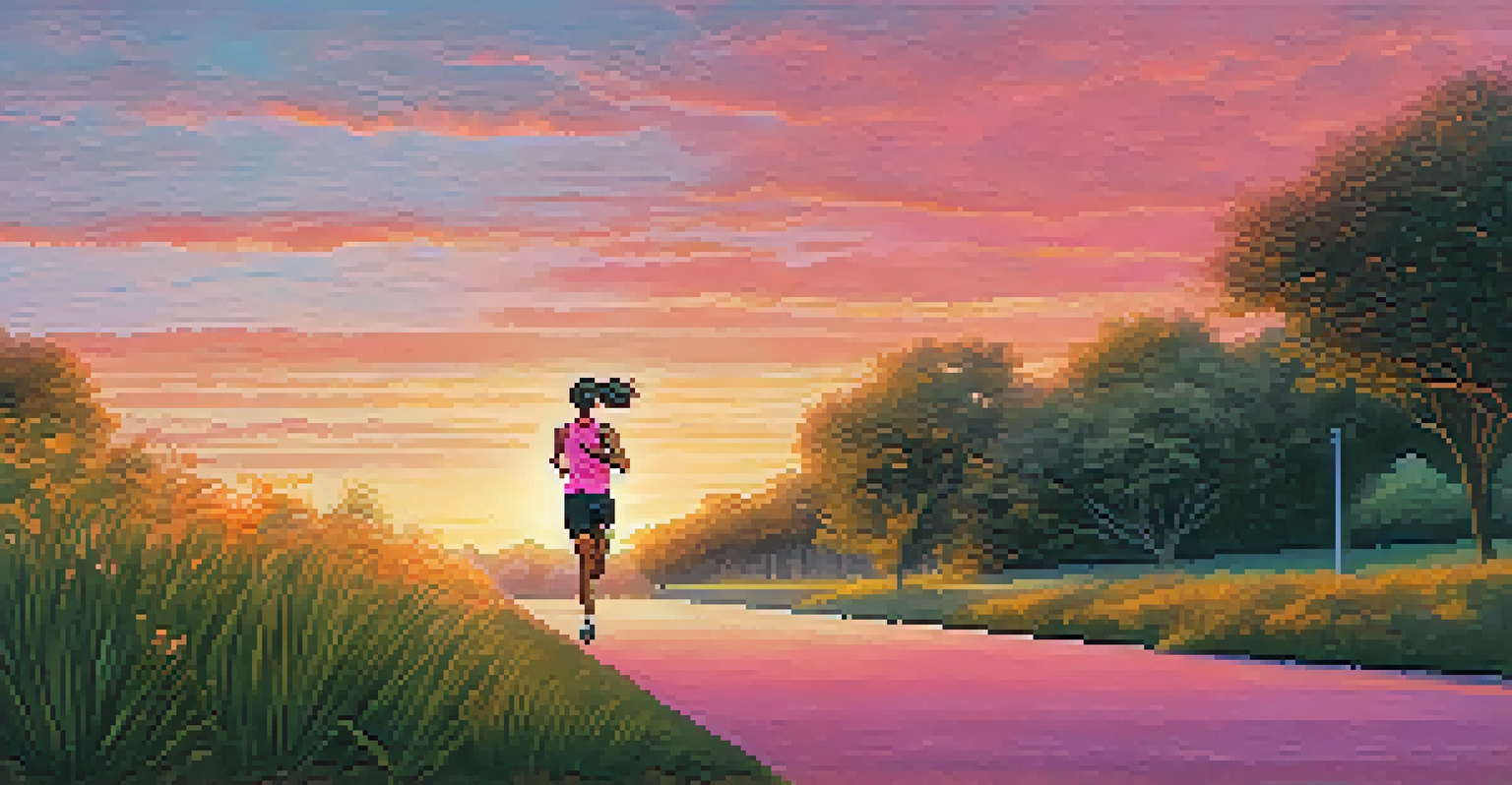 A person jogging in a park at sunrise, with colorful skies and lush greenery surrounding them.