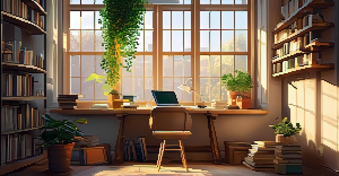 A cozy study area with a desk full of books and a laptop, sunlight streaming through a window, and a potted plant.