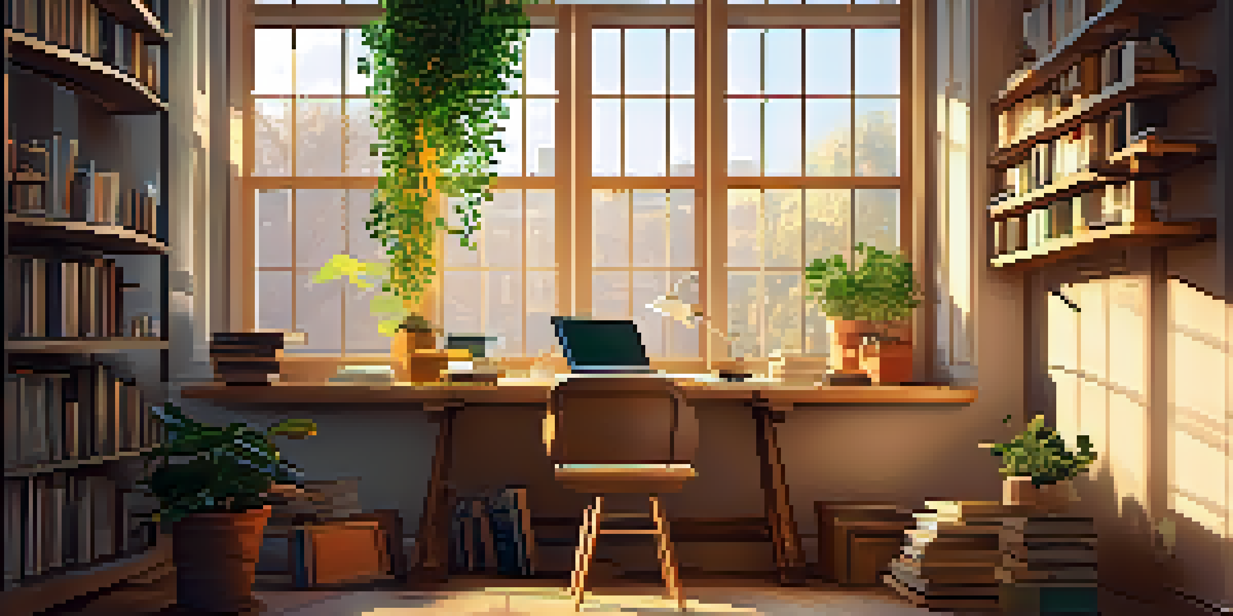 A cozy study area with a desk full of books and a laptop, sunlight streaming through a window, and a potted plant.