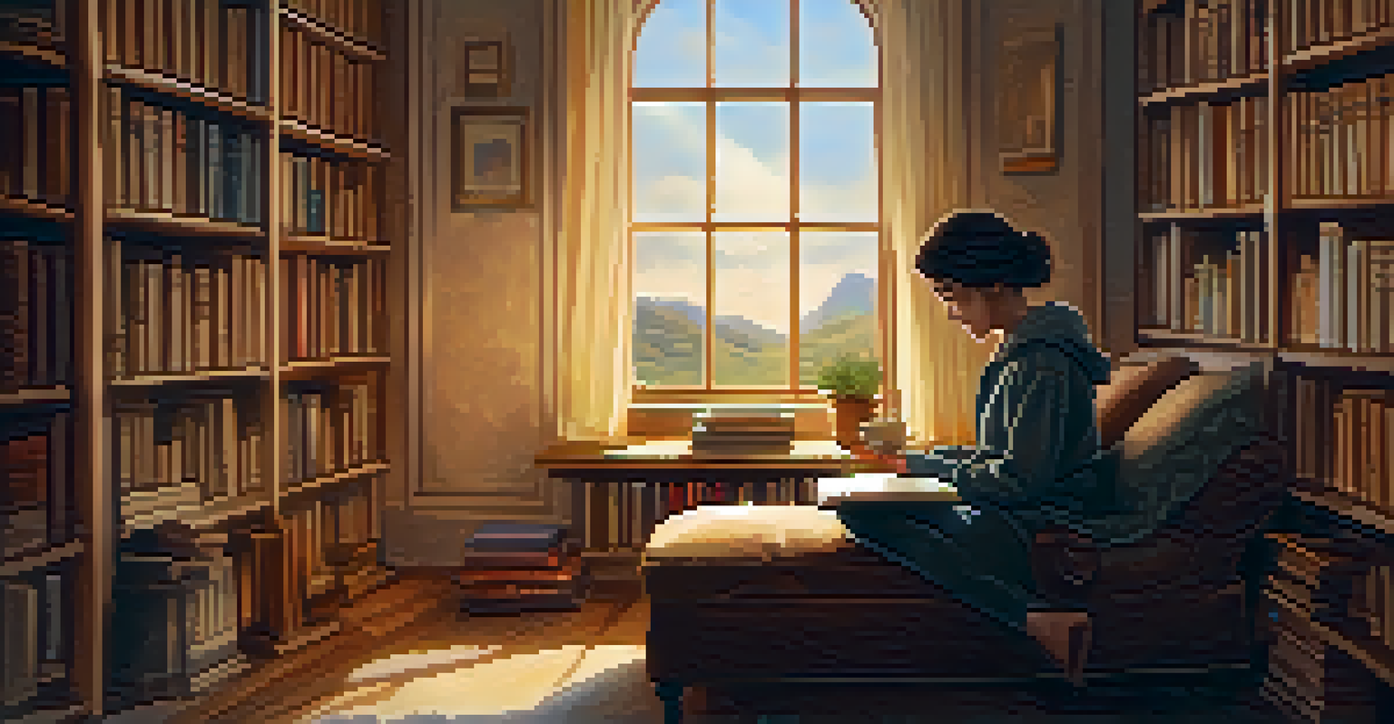 A person in a cozy room reflecting on their values, with books and a cup of tea.