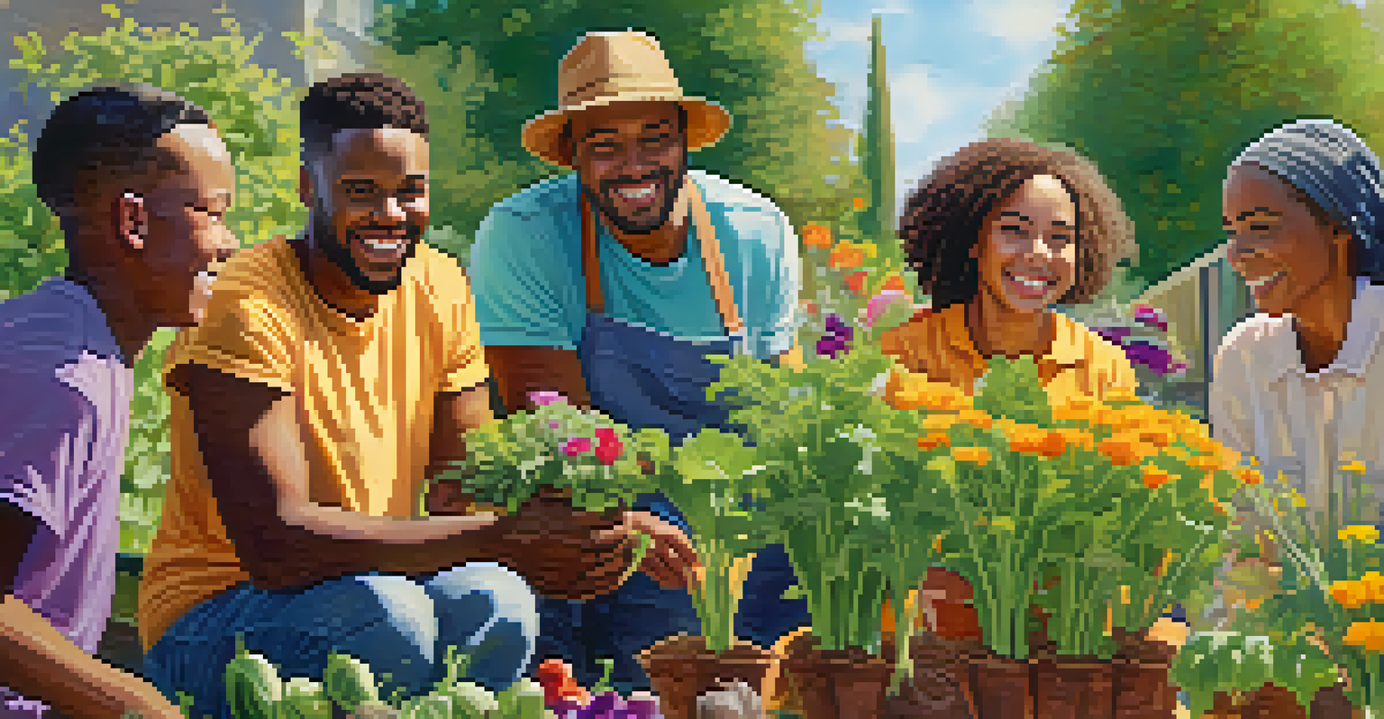 A diverse group of people planting in a community garden, smiling and working together.