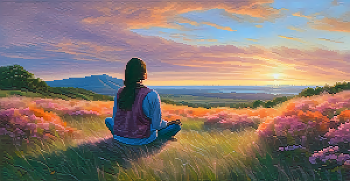 A person meditating on a grassy hilltop during sunset, surrounded by clouds and wildflowers.