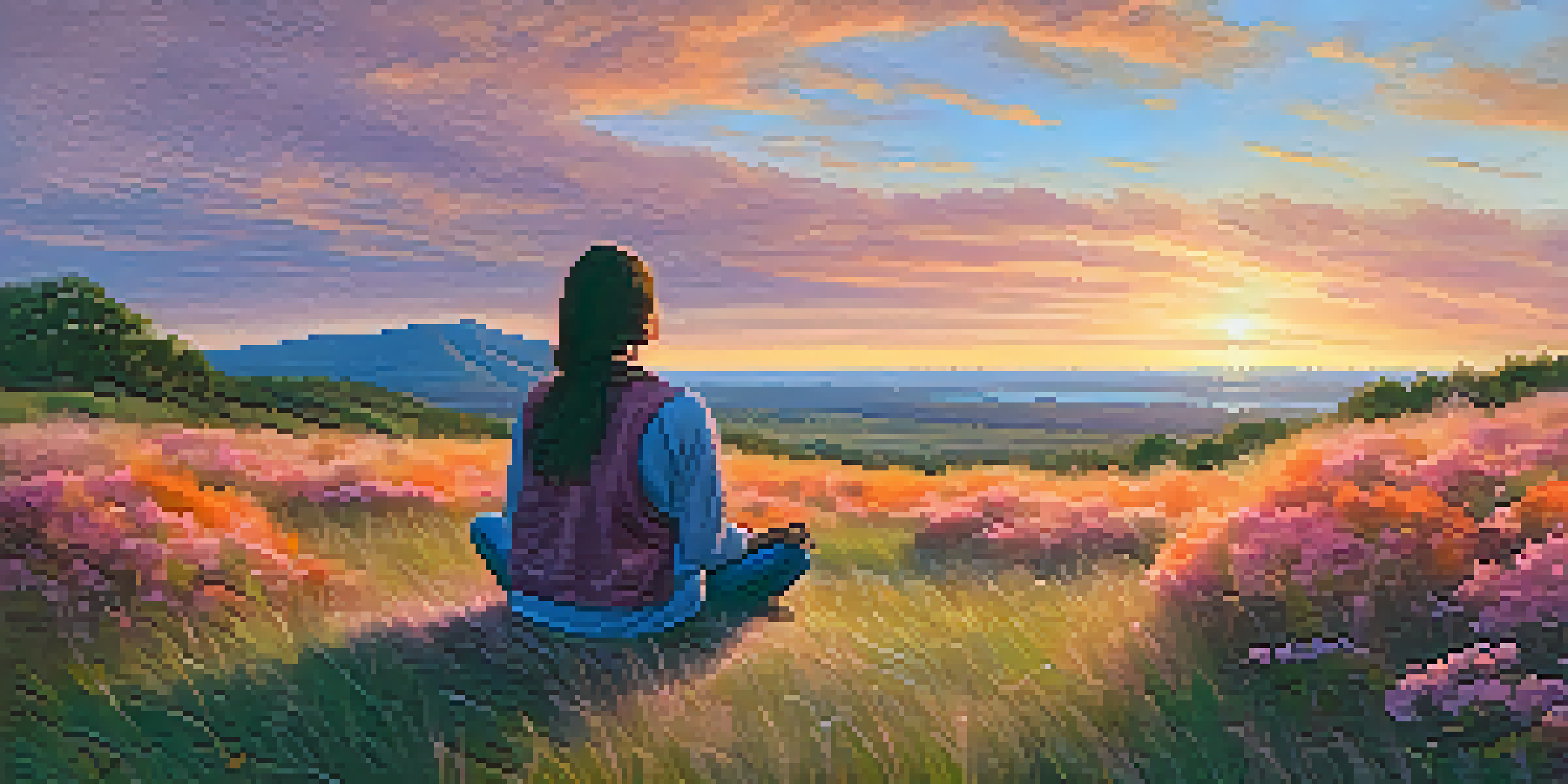 A person meditating on a grassy hilltop during sunset, surrounded by clouds and wildflowers.