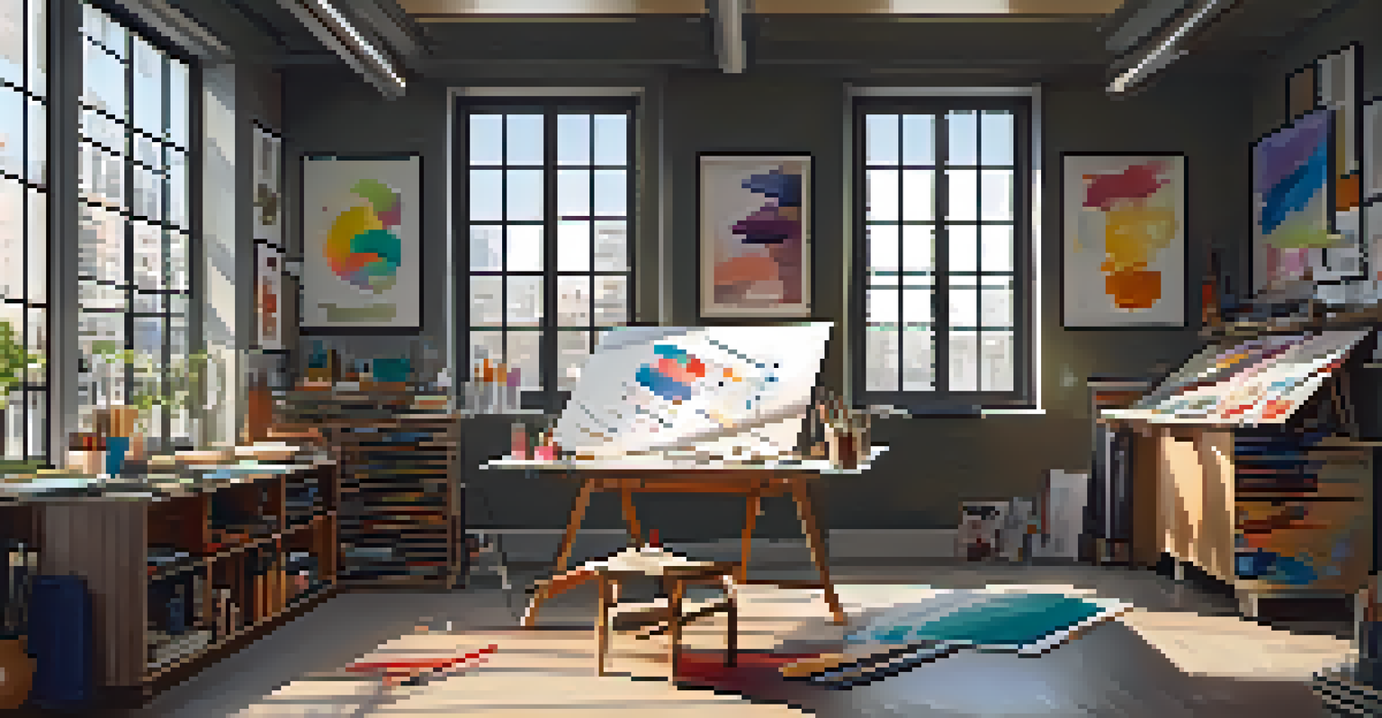 An artist's workspace with colorful paints on one side and organized charts on the other, representing creativity and analysis.