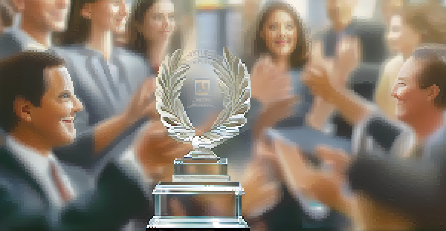 A close-up of a leader's hands holding a glass award for integrity, with colleagues applauding in a blurred office background.