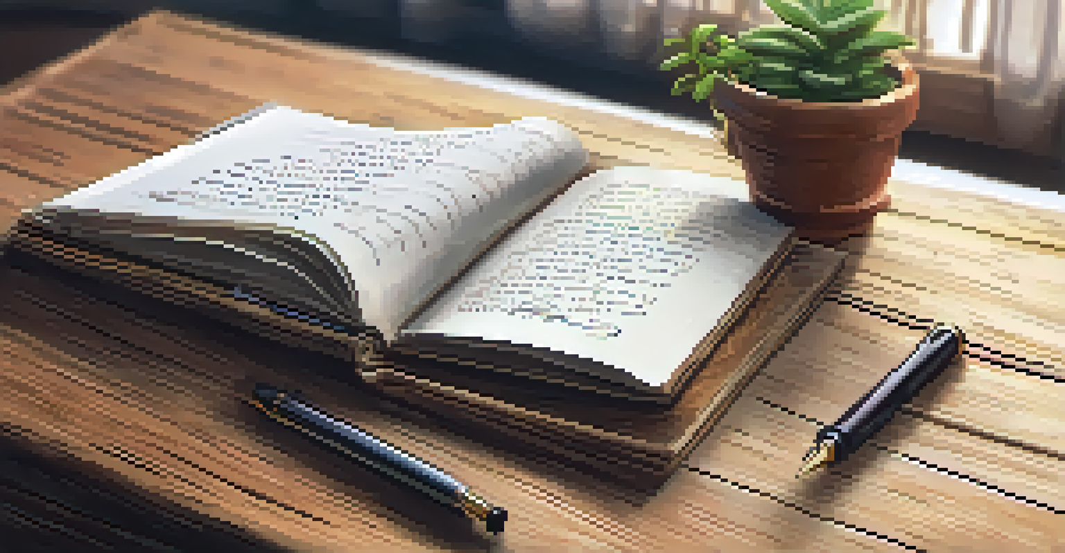 An open notebook filled with handwritten notes on a wooden table, with a pen, a cup of tea, and a potted plant beside it.