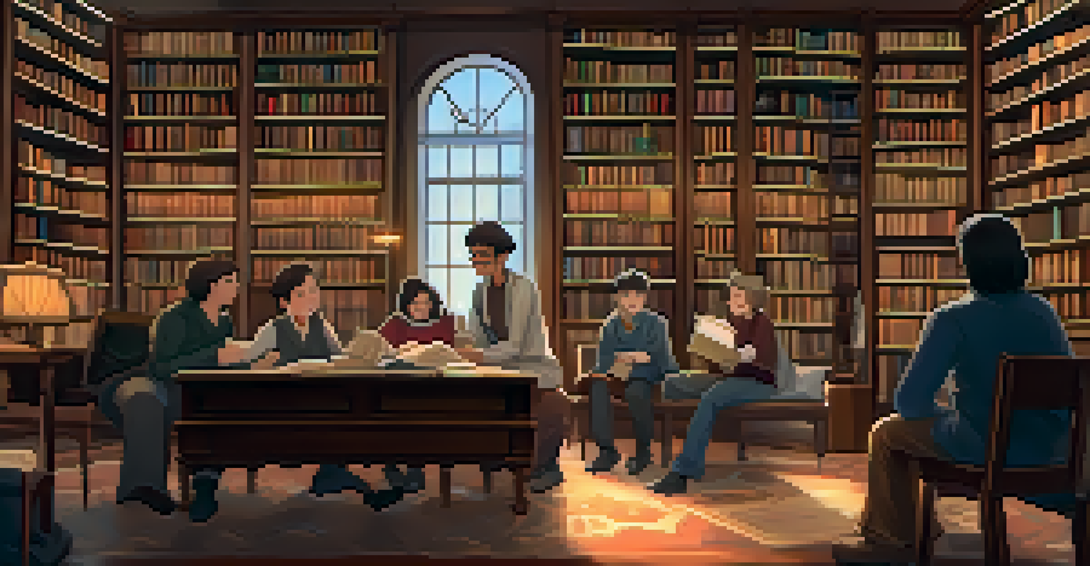 A cozy library setting where a teacher tells a historical story to engaged students, surrounded by books and visual aids.