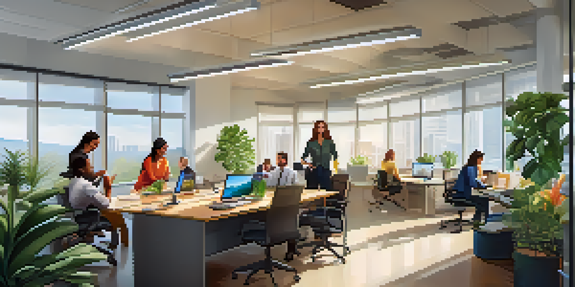 A diverse group of employees in a bright office setting, engaged in a collaborative meeting with plants and natural light.