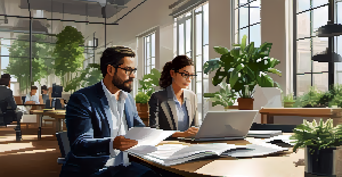 Two colleagues in an office engaged in a constructive discussion, surrounded by natural light and plants.