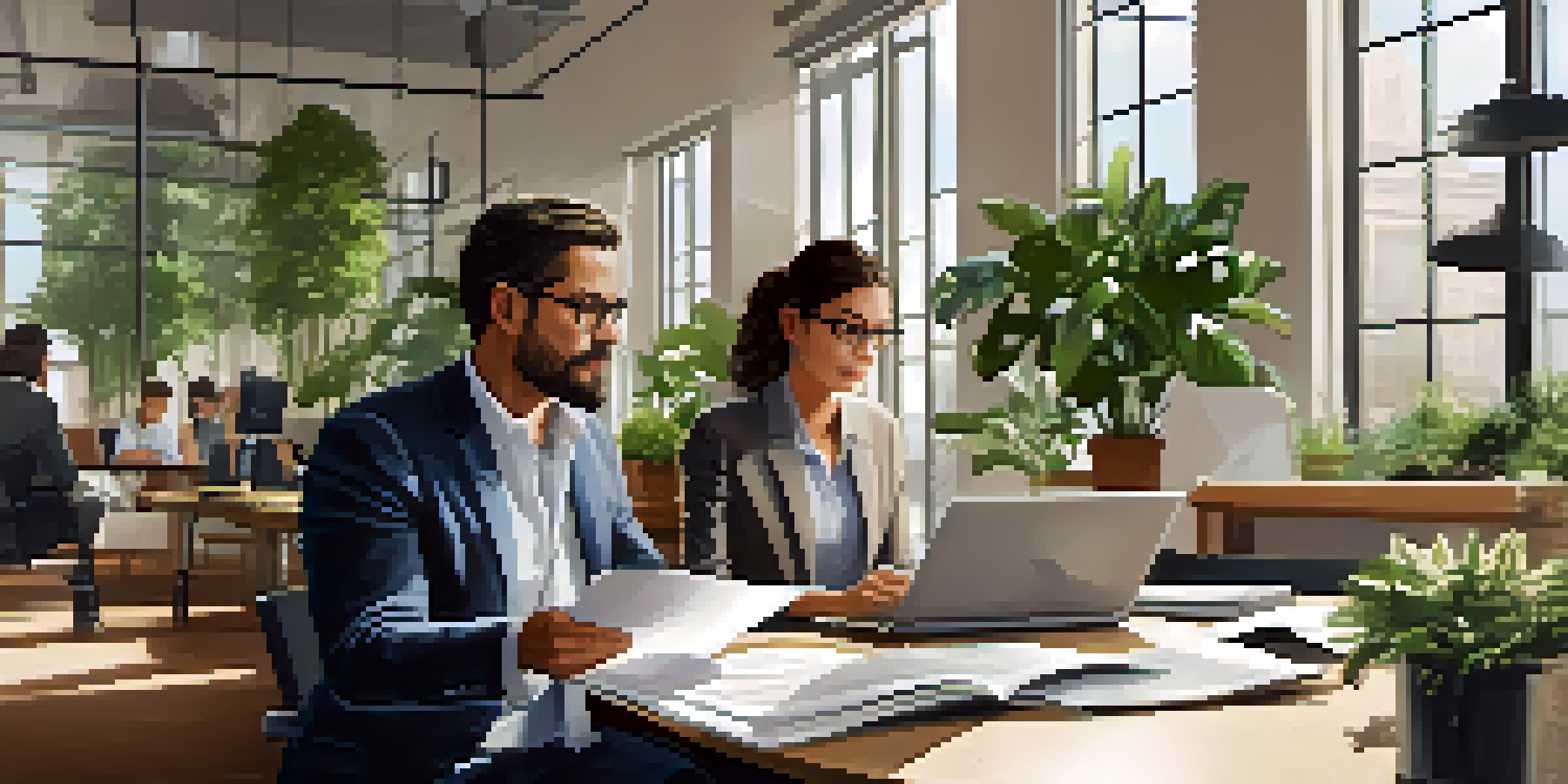 Two colleagues in an office engaged in a constructive discussion, surrounded by natural light and plants.