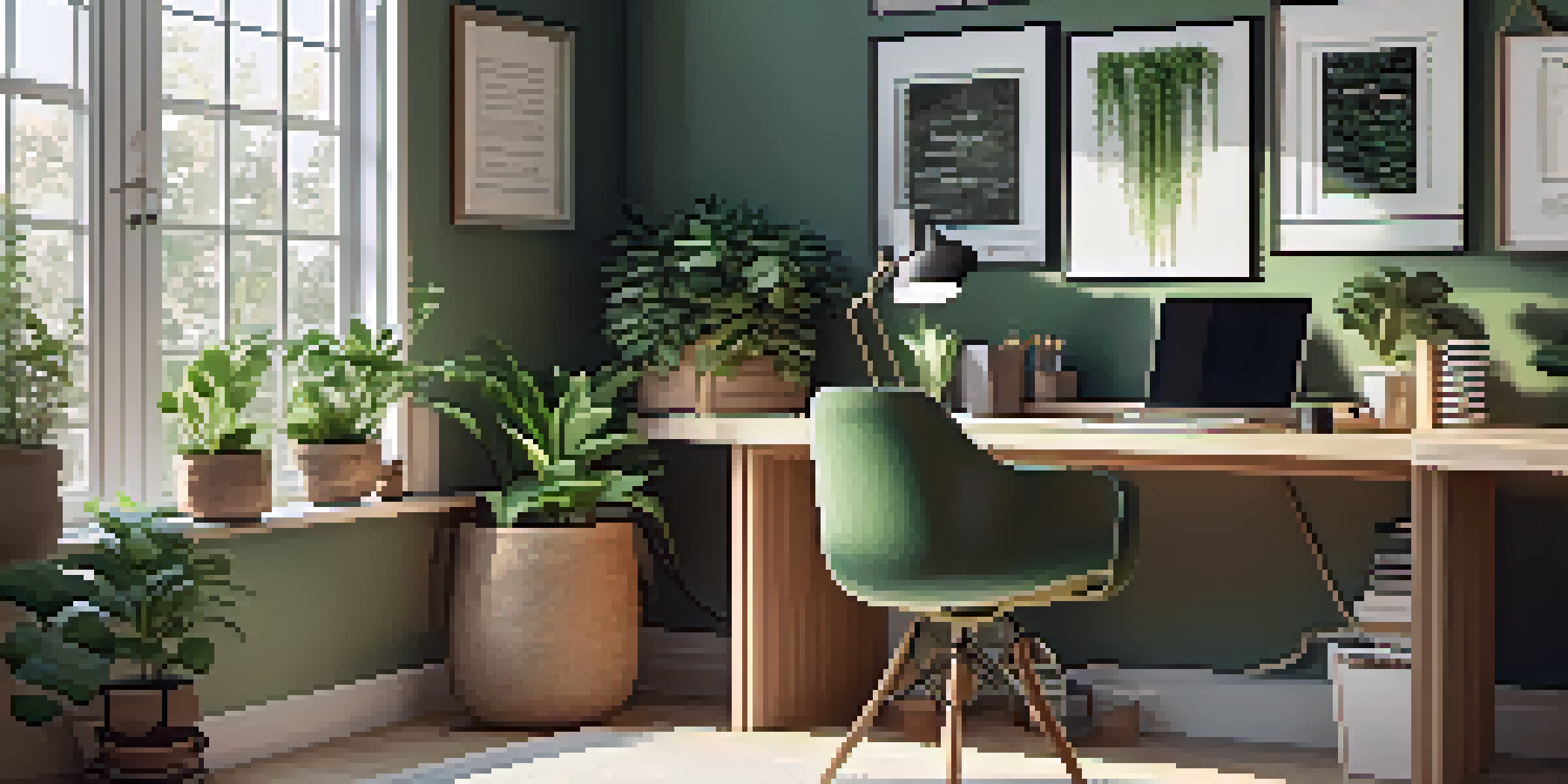 A cozy home office setup with a wooden desk, an ergonomic chair, green plants, motivational quotes on the walls, and natural light coming through a window.