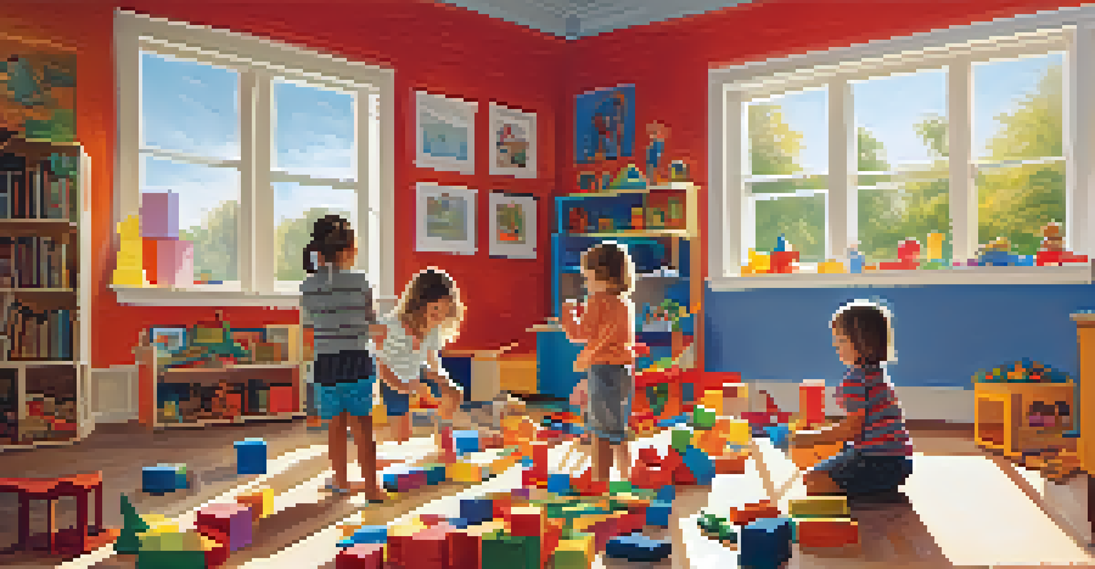 Children building a colorful block fort in a bright room filled with art supplies and sunlight casting playful shadows.