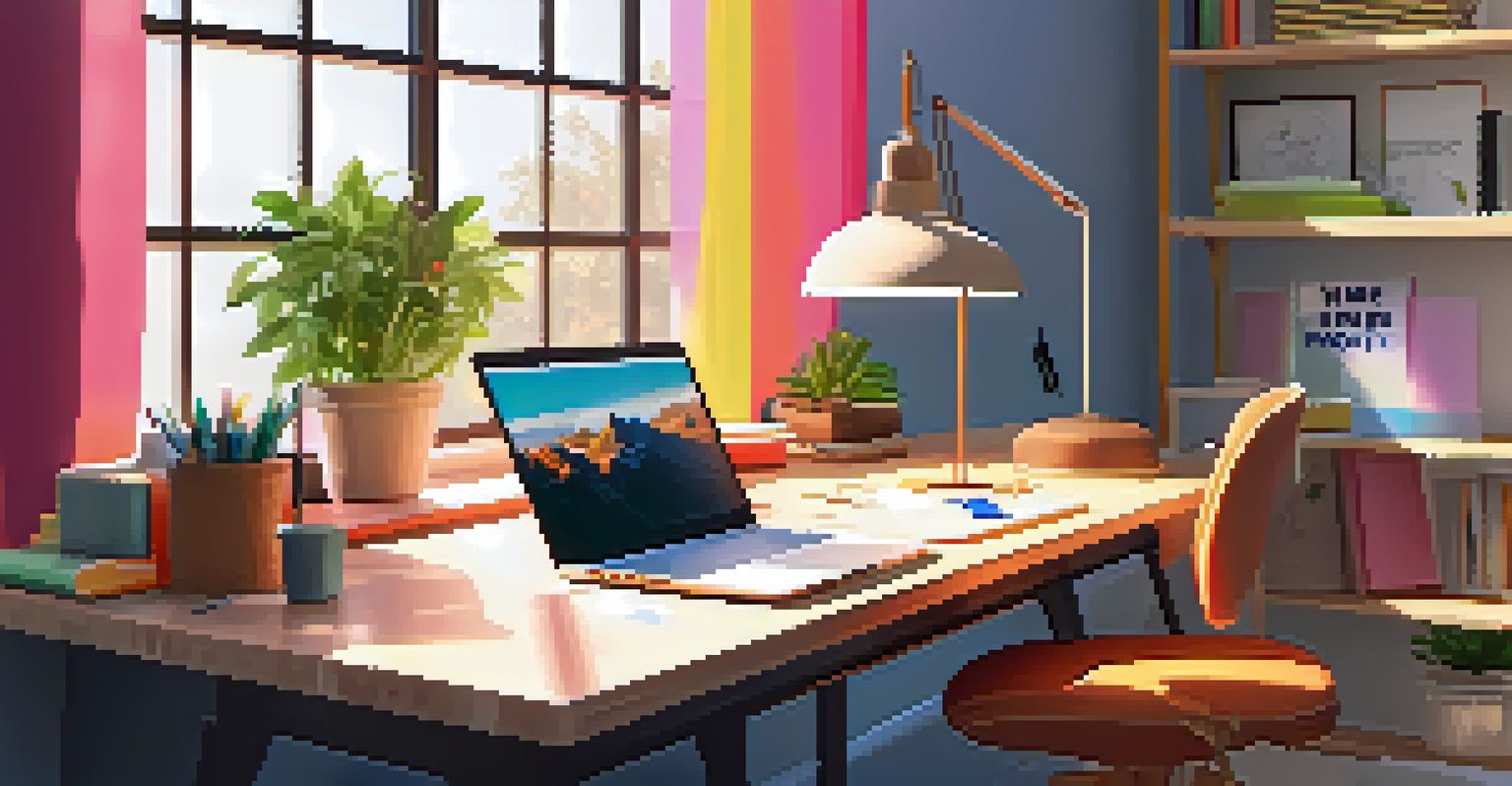 A bright and organized workspace with a motivational quote, colorful stationery, and sunlight streaming through a window.