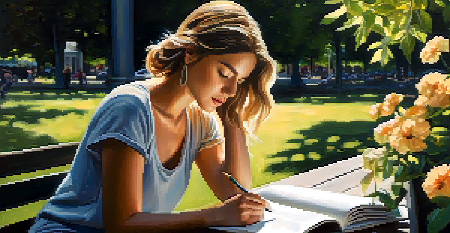 A young woman in a park, writing in her journal surrounded by flowers and greenery, with sunlight filtering through the trees.