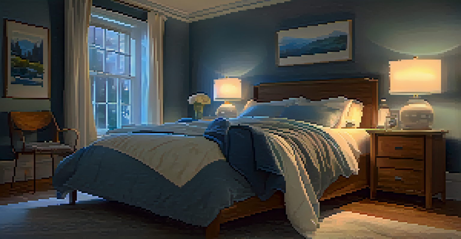 A cozy bedroom at night with a person in bed surrounded by pillows and blankets, softly lit by warm bedside lamps.