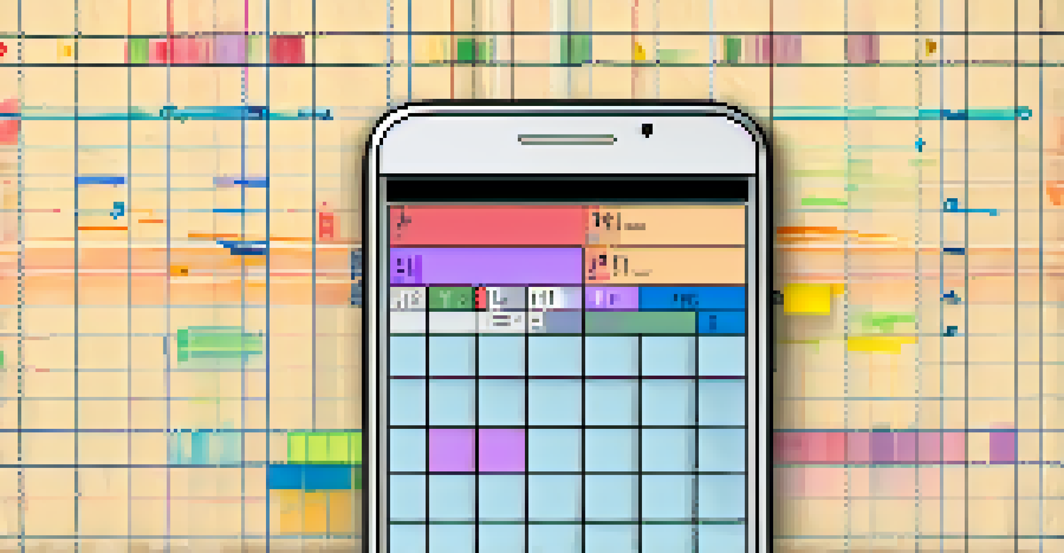 A smartphone displaying a habit tracker chart with colorful check marks and a progress bar on a textured fabric background.