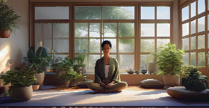 A peaceful meditation space with a person practicing mindfulness, surrounded by natural light, plants, and cushions.