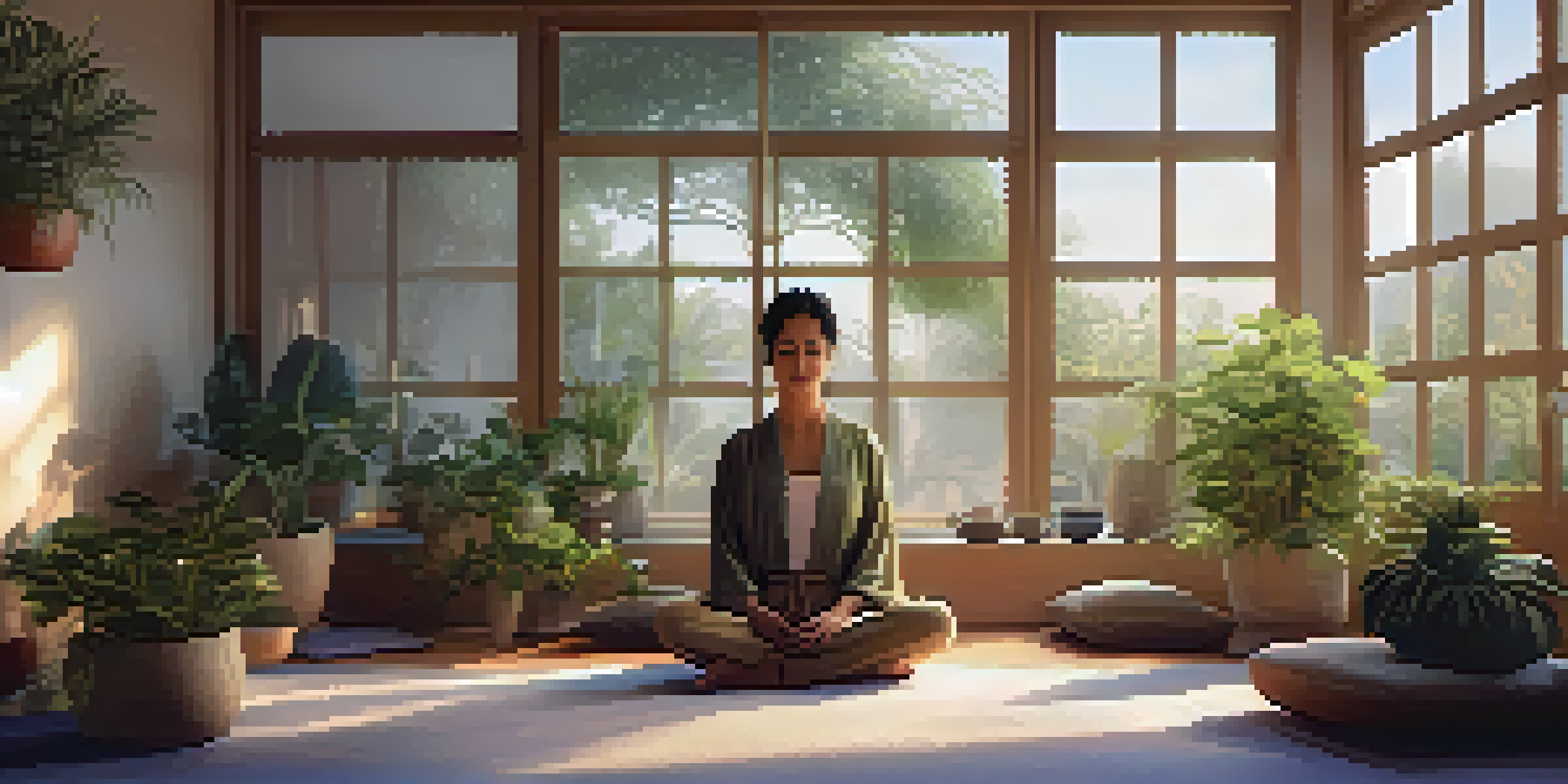 A peaceful meditation space with a person practicing mindfulness, surrounded by natural light, plants, and cushions.