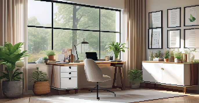 A warm home office with a desk, laptop, coffee, and a plant, bathed in natural light.