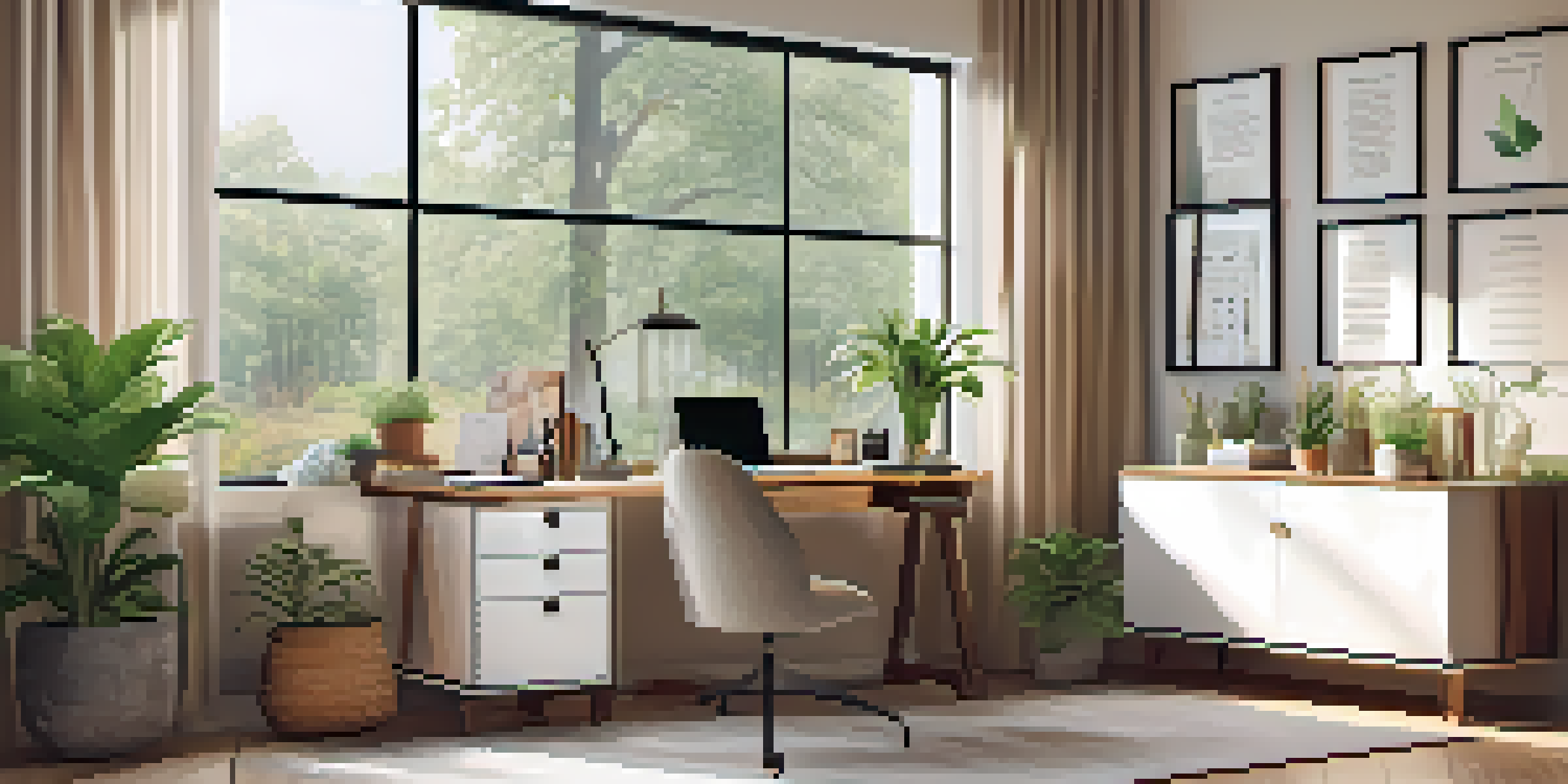 A warm home office with a desk, laptop, coffee, and a plant, bathed in natural light.