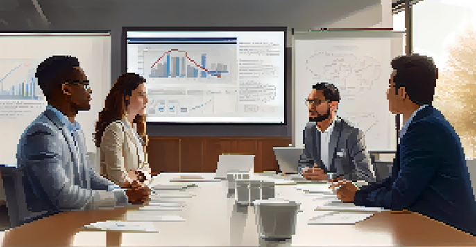 A diverse group of people in a professional meeting, one person confidently speaking while others listen.