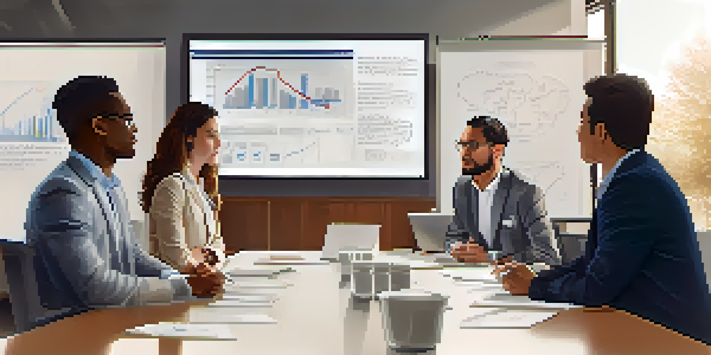 A diverse group of people in a professional meeting, one person confidently speaking while others listen.