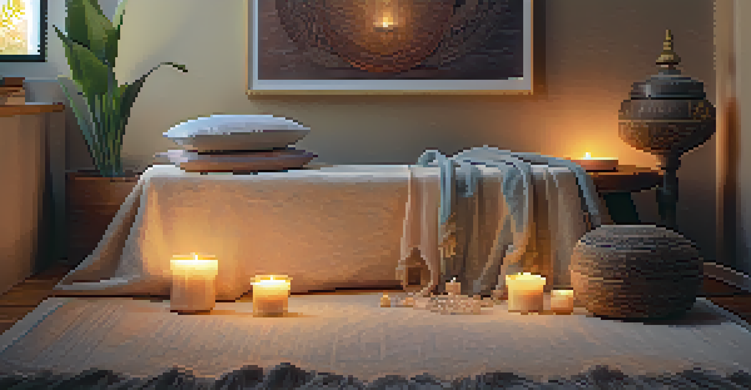 A cozy meditation corner with cushions, blankets, and an altar, creating a warm and inviting atmosphere.