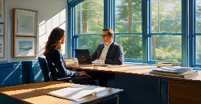 Two colleagues in a bright office engaged in a constructive conversation, emphasizing active listening.
