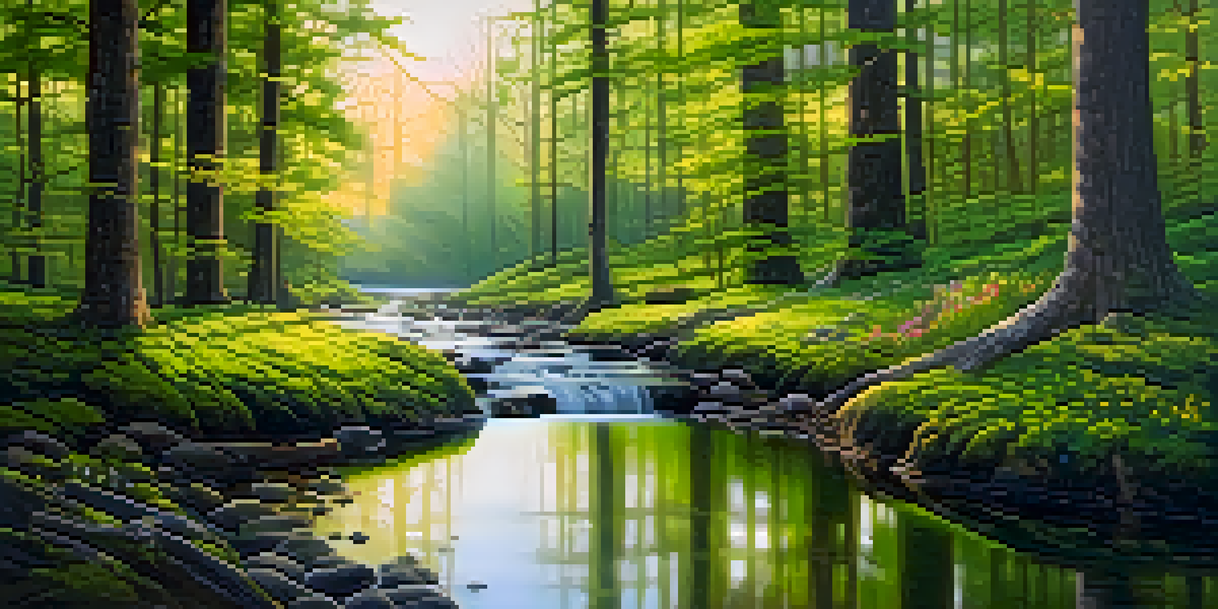 A tranquil forest scene at dawn with sunlight filtering through the trees and a gentle stream reflecting the morning sky.