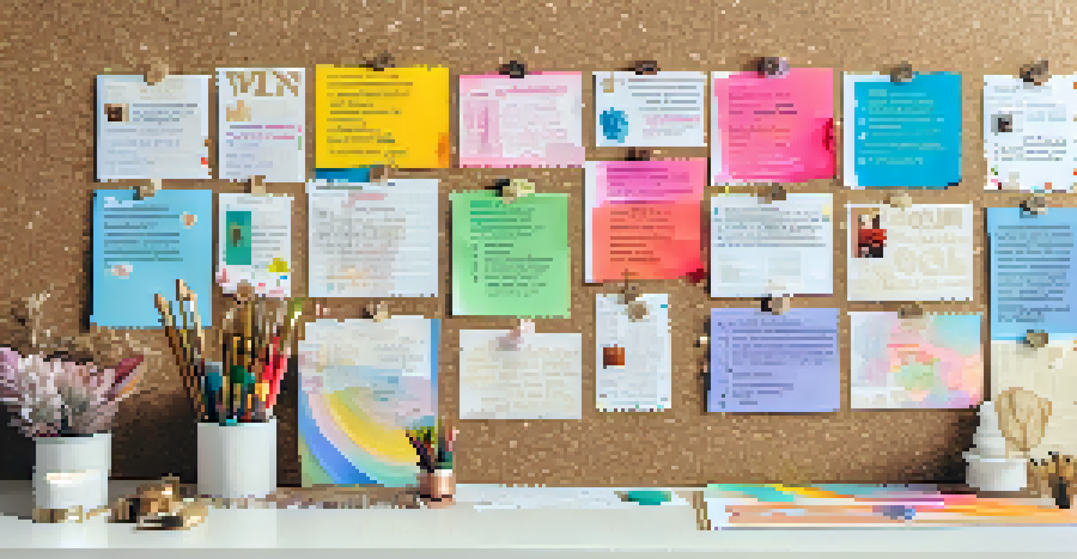 A colorful vision board with images and affirmations, surrounded by motivational quotes and lights.