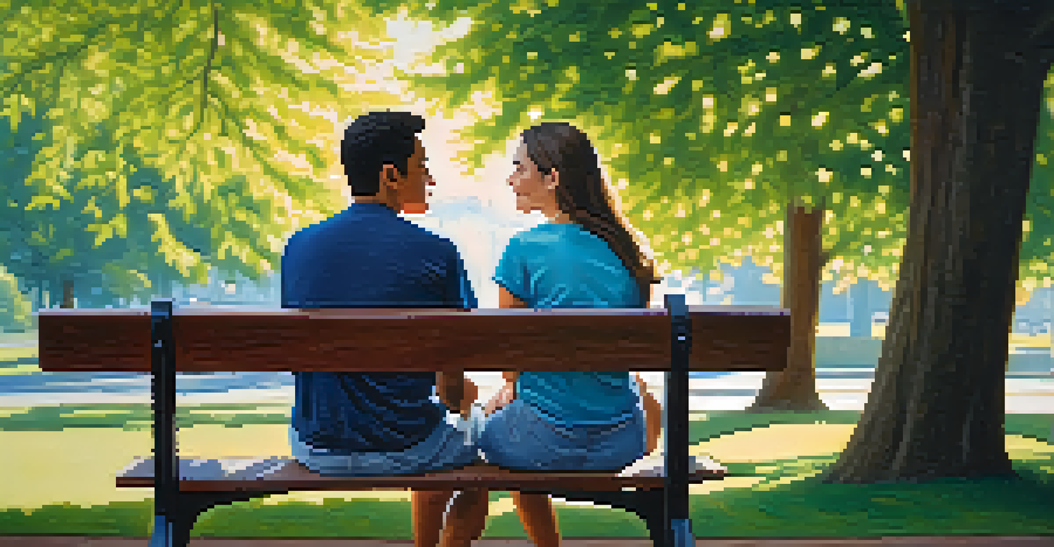 Two friends sitting on a park bench in a green park, engaged in a heartfelt conversation, showcasing empathy.