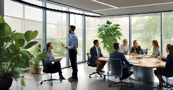 A diverse team of employees in a well-lit conference room, discussing and collaborating with positive expressions.