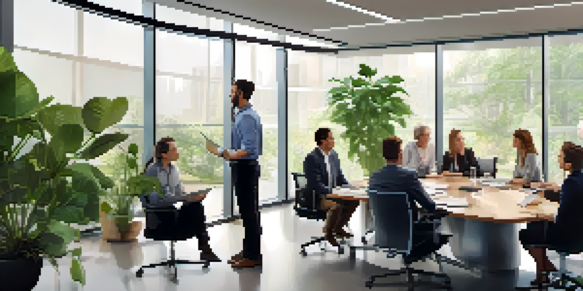 A diverse team of employees in a well-lit conference room, discussing and collaborating with positive expressions.