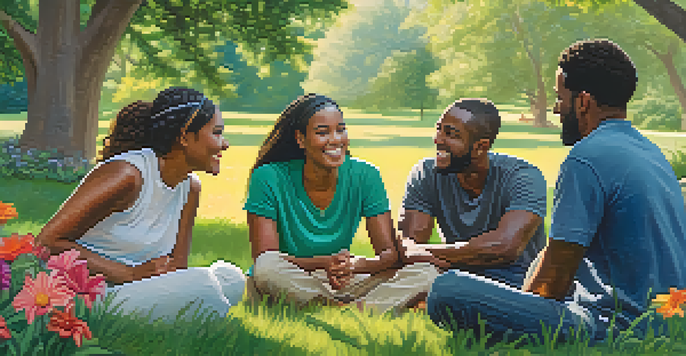 A diverse group of people sitting in a circle in a sunny outdoor setting, sharing supportive conversations and smiles.