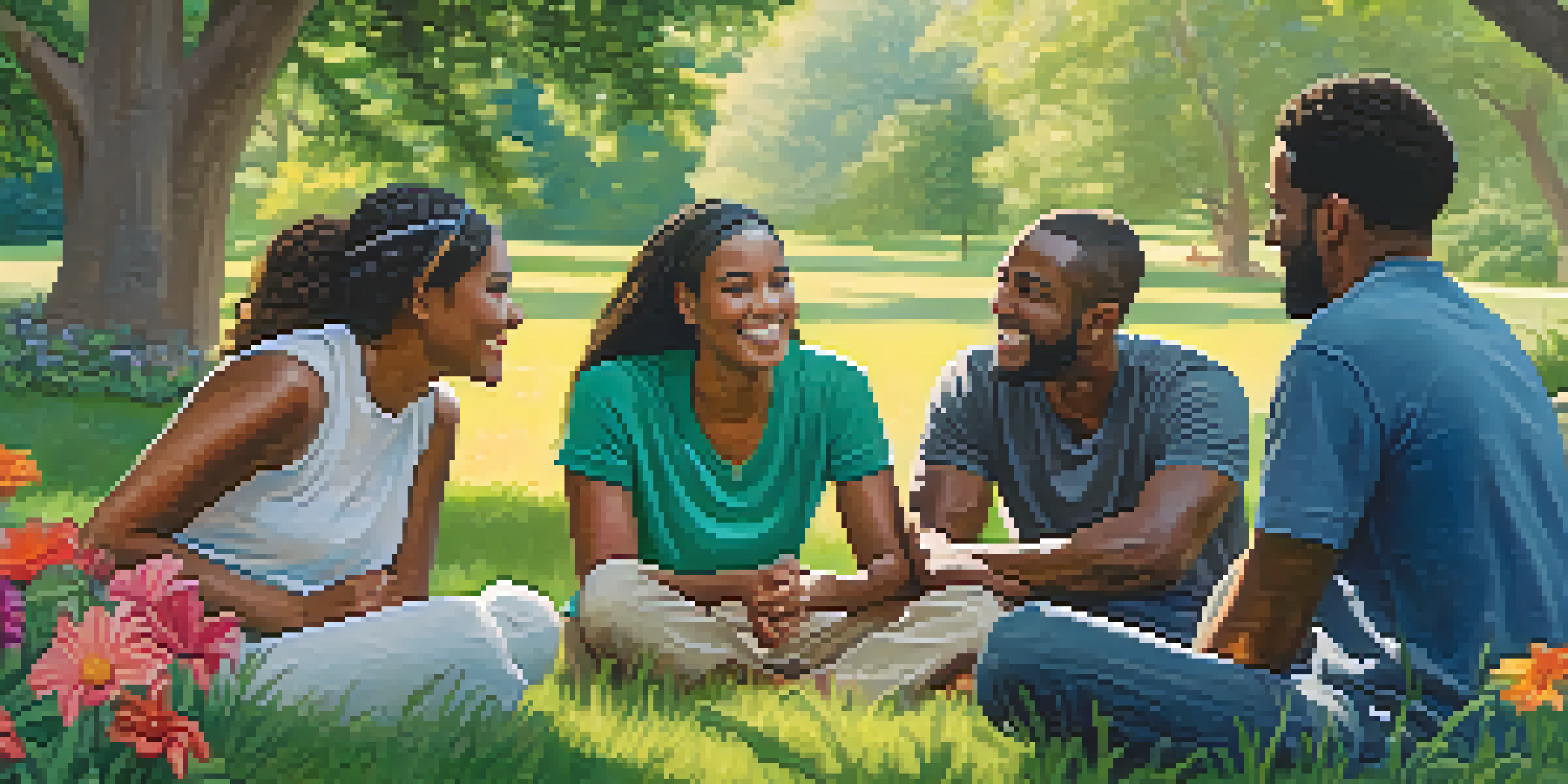 A diverse group of people sitting in a circle in a sunny outdoor setting, sharing supportive conversations and smiles.