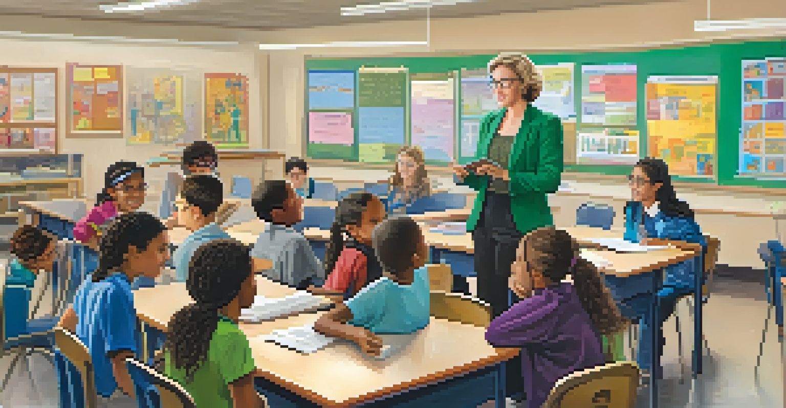 A teacher listening to students in a colorful classroom, showcasing active listening and diversity among the students.