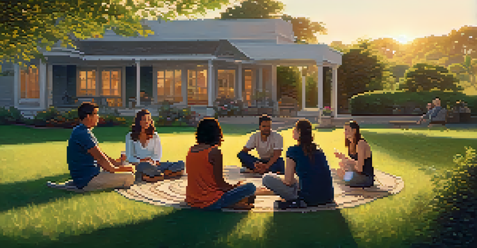 A diverse group of people sitting in a circle outdoors, engaged in deep conversations during sunset, showing empathy and understanding.