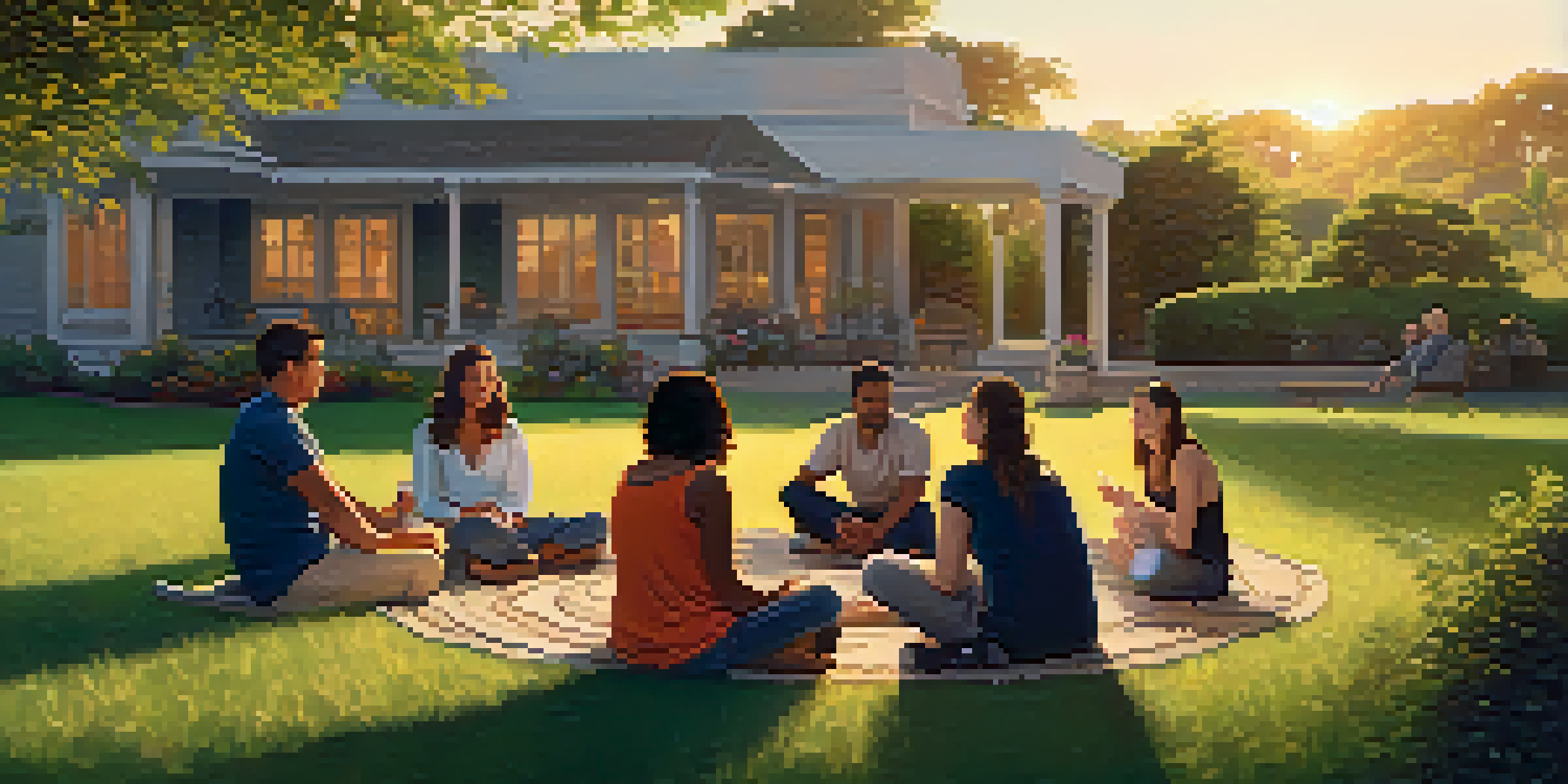 A diverse group of people sitting in a circle outdoors, engaged in deep conversations during sunset, showing empathy and understanding.
