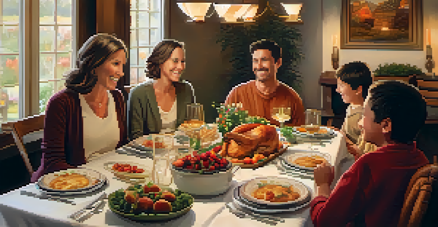 A family enjoying a meal together at a dining table, expressing gratitude and joy.