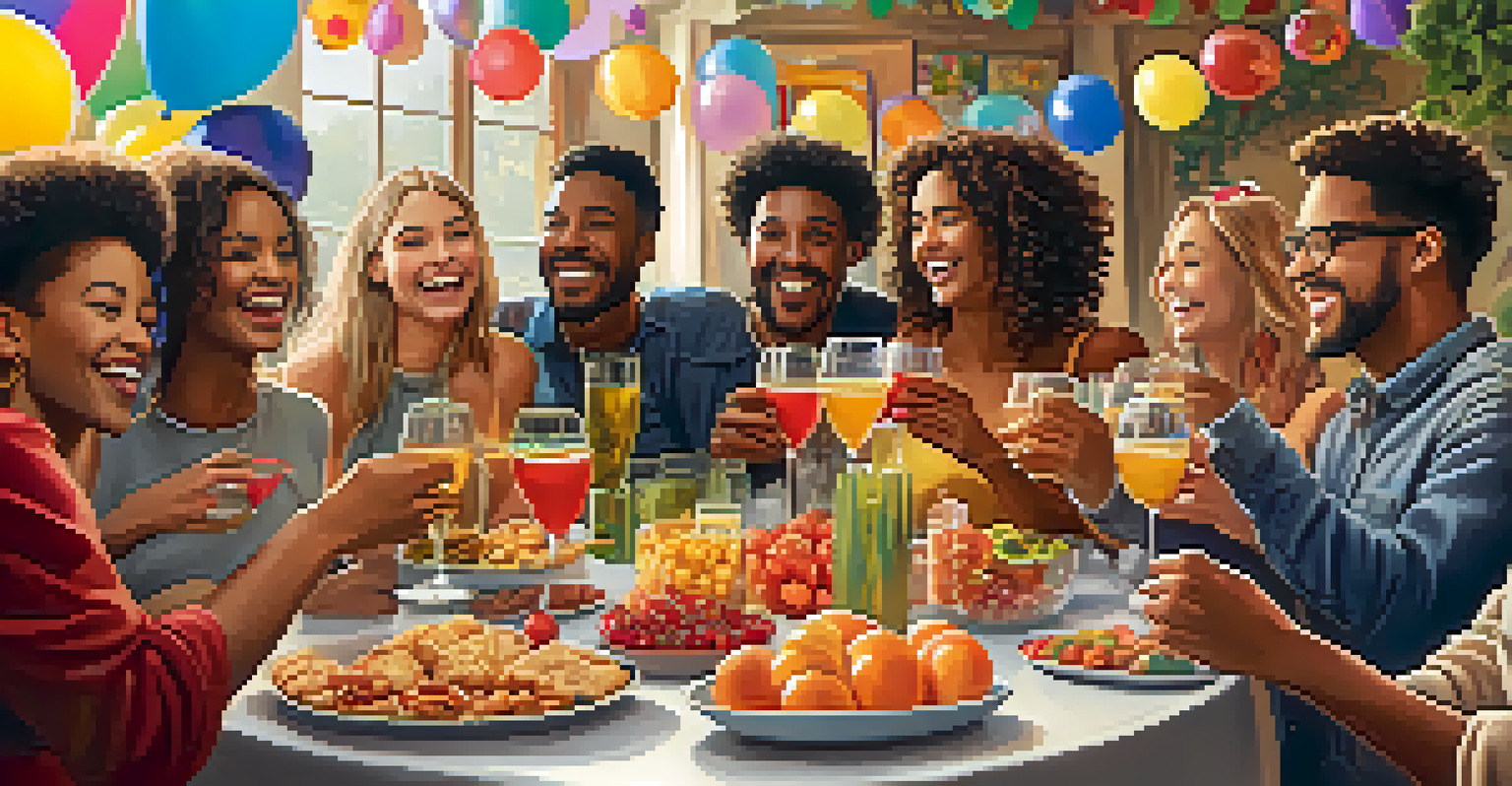 A group of friends celebrating together with snacks and drinks, smiling and toasting at a festively decorated table.