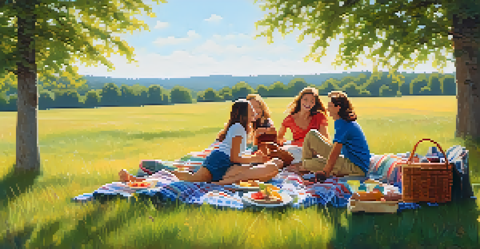 A group of friends having a joyful picnic on a grassy field with food, blankets, and flowers in the background.